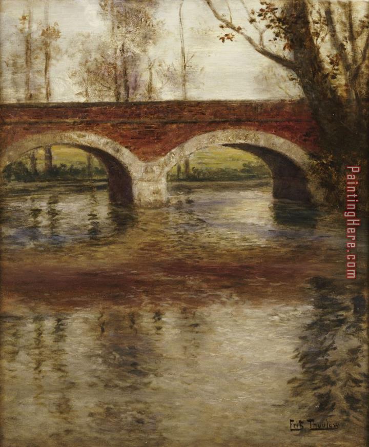 Fritz Thaulow A River Landscape with a Bridge